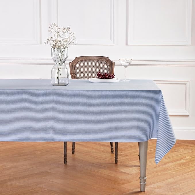Solino Home Linen Tablecloth 60 x 120 Inch - Narrow Stripe 100% Pure Linen Cornflower Blue and White Table Cloth for Rectangle Tables - Machine Washable Tablecloth