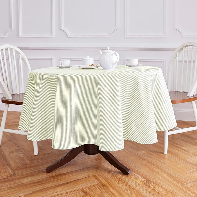 Solino Home Linen 60 Inch Round Tablecloth - Narrow Stripe, 100% Pure Linen Sage and White Round Tablecloth - Machine Washable Table Cloth for Fall, Autumn, Thanksgiving, Christmas, Winter