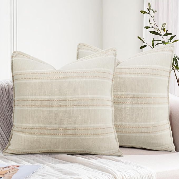 18X18 Decorative Farmhouse Linen Throw Pillow Covers, Boho Textured Pillow Case Set of 2 ,Beige with White & Brown Stitch Yarn Dyed Stripe Cushion Cover ,Modern Accent Square Pillowcase for Sofa Couch