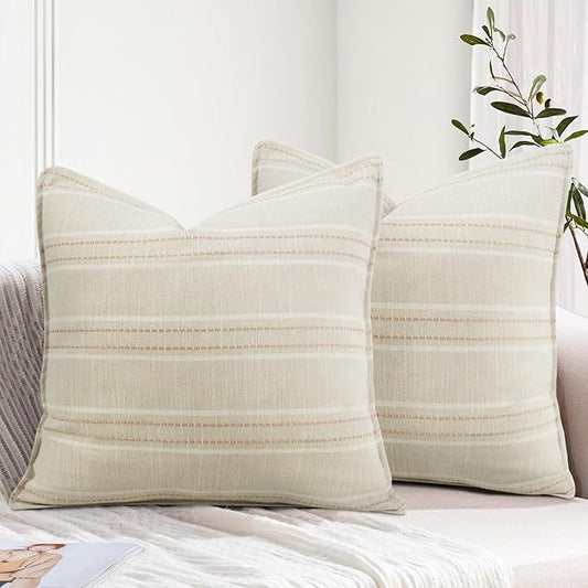 18X18 Decorative Farmhouse Linen Throw Pillow Covers, Boho Textured Pillow Case Set of 2 ,Beige with White & Brown Stitch Yarn Dyed Stripe Cushion Cover ,Modern Accent Square Pillowcase for Sofa Couch