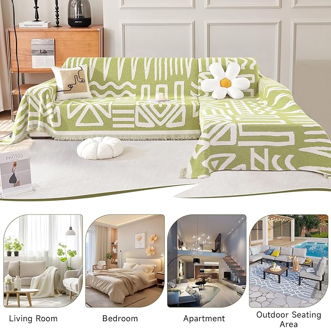 VClife Couch Cover Boho, Green Jacquard Sofa Cover for 3 Cushion Couch Sofa, Anti Slip Dog Sofa Couch Cover Washable Sofa Slipcover L-Shape Sectional Sofa Cover with Tassel, 91"x150"