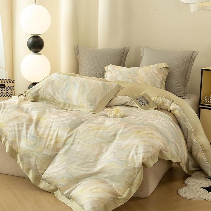 ECOCOTT Bedding 3-Piece Duvet Cover Set Queen Size – Silky Soft 100% Lyocell, Cooling & Breathable for Hot Sleepers, Ultra-Soft with Elegant Marble Pattern, Moisture-Wicking
