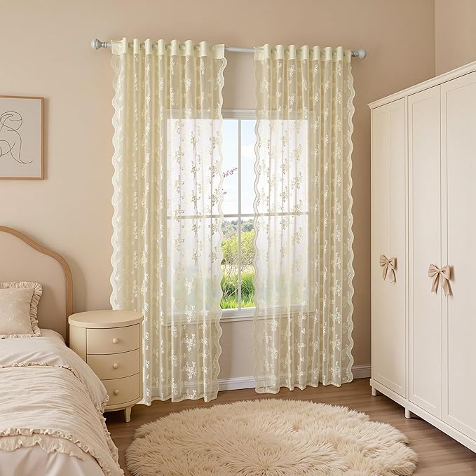 MEETSKY Lace Sheer Curtains 90 Inch Length Light Yellow Vintage Victorian French Elegant Light Filtering Back Tab Rod Pocket Boho Style Drapes for Living Room Bedroom for Farmhouse, 50" W, 2 PCs