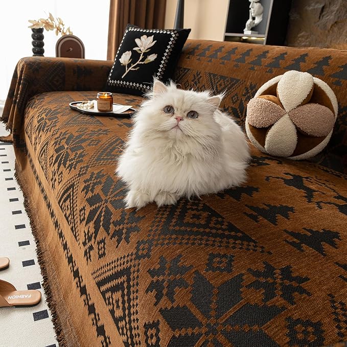 VClife Boho Couch Cover for Christmas 1 Piece Soft Warm Couch Cover for Sectional Sofa, Washable Pumpkin and Black Jacquard 3-Seaters Sofa Covers for Home Office RV 71"x150"