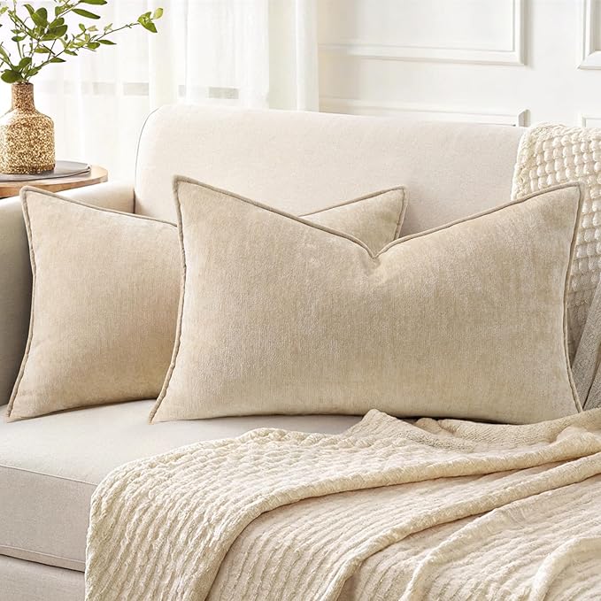 decorUhome Christmas Couch Throw Pillow Covers 12x20 Set of 2, Decorative Soft Euro Velvet Neutral Chenille Lumbar Pillow Covers with Elegant Design for Sofa Bed Living Room Home Decor, Beige