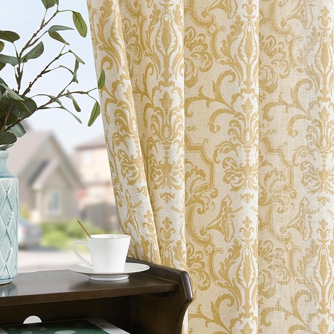 jinchan Curtains for Bedroom, Light Filtering 96 Inch Length 2 Panels Set, Farmhouse Style Linen Blend Drapes Living Room, Vintage Damask Curtains, Grommet Top Mustard Yellow on Flax, W52 X L96