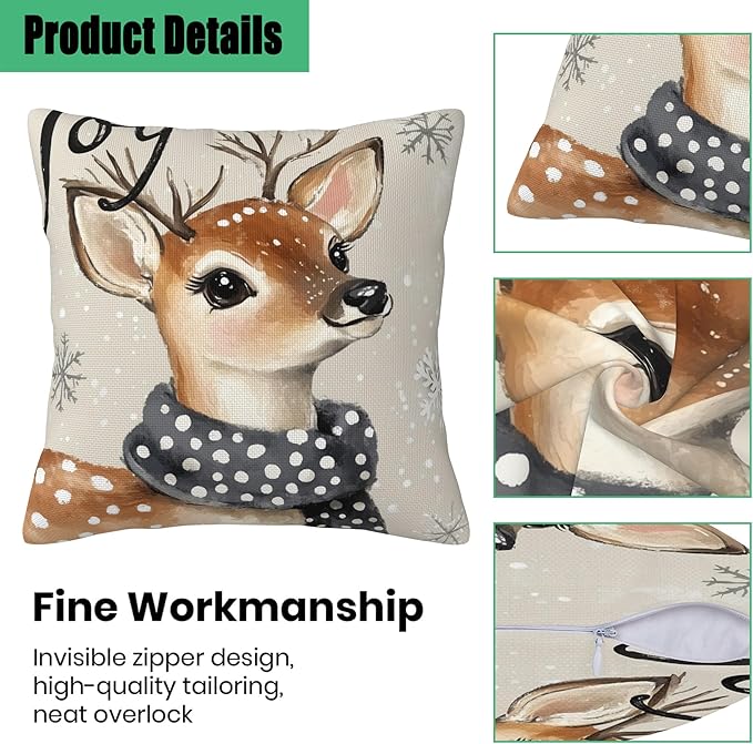 Christmas Pillow Covers 18X18, Christmas Deer Joy Decorative Throw Pillow Covers, Winter Snowflake Deer Pillow Cover Pillowcase Cushion Case for Home Sofa Couch Indoor Outdoor Set of 2
