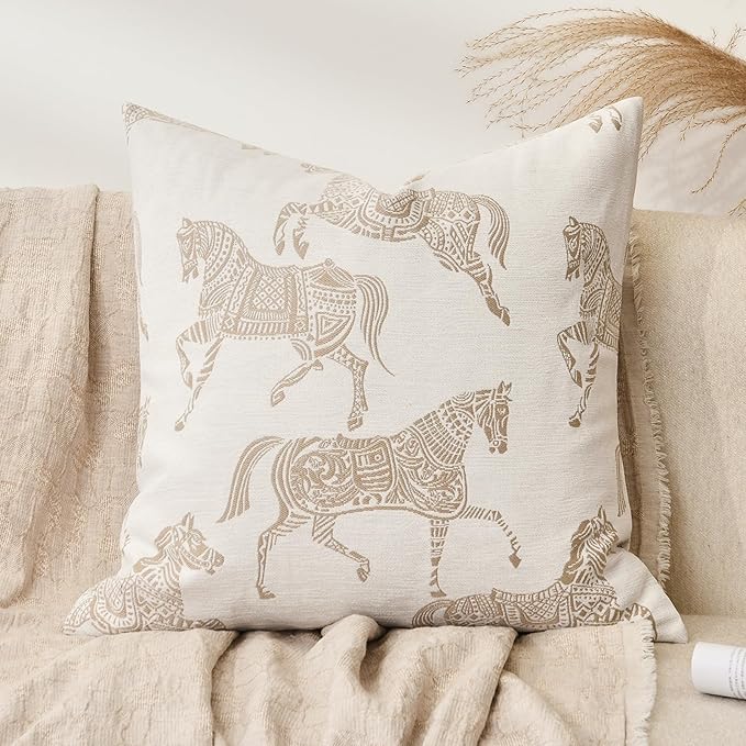 Equestrian Style Throw Pillow Cover 22x22 Inch, Double Sided Beige Horse Pattern Chenille Jacquard Embroidered Pillowcase for Sofa Couch Living Room Bedroom