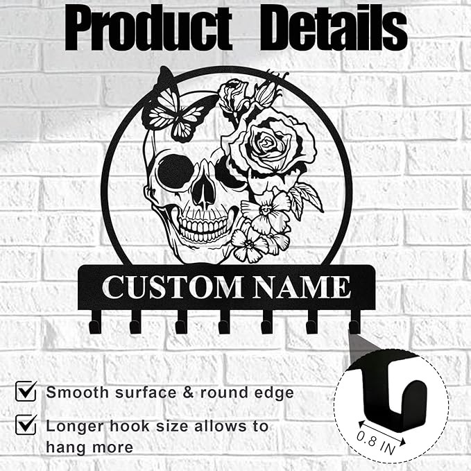 Personalized Key Holder for Wall - Coat Rack Wall Mount with Skeleton & Rose Flower Design, Metal Key Organizer with Hooks, Skull Wall Decor for Bedroom Living Room Entryway, Personalized Gift