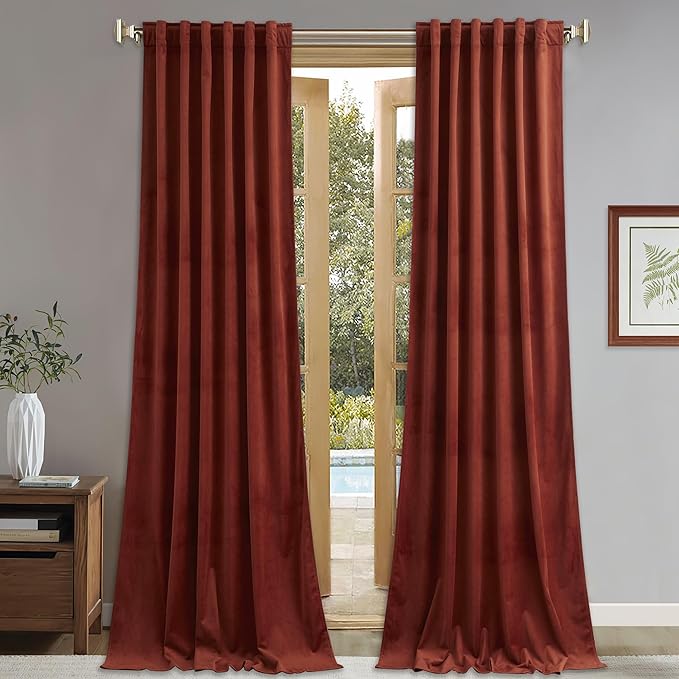 StangH Christmas Rust Red Curtains 105 inches Back Tab Light Blocking Velvet Drapes, Heavy Duty Thermal Panels for Warm & Inviting Living Rooms, W52 x L105, 2 Panels
