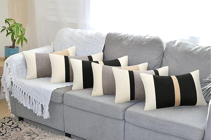 Pyonic 12x20 Pillow Covers Set of 2 Farmhouse Decor Stripe Patchwork Linen Throw Lumbar Pillow Covers Boho Accent Cushion Covers for Couch Sofa,Black White Grey