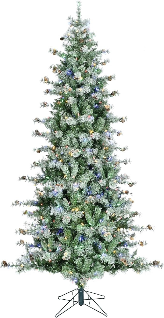Fraser Hill Farm 9-Ft. Buffalo Fir Slim Artificial Christmas Tree with Dual Multicolor & Warm White LED Lights, Prelit Foldable Fake Tree with Realistic Snowy Foliage and Pinecones for Home