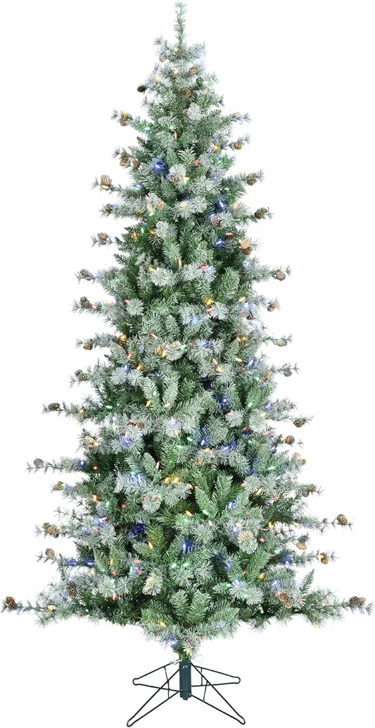 Fraser Hill Farm 9-Ft. Buffalo Fir Slim Artificial Christmas Tree with Dual Multicolor & Warm White LED Lights, Prelit Foldable Fake Tree with Realistic Snowy Foliage and Pinecones for Home