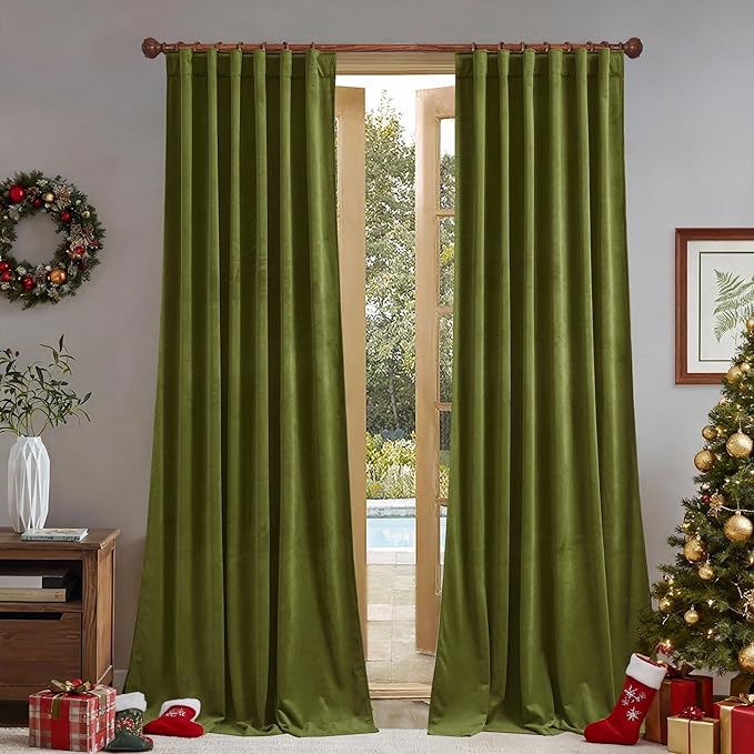 StangH Olive Green Curtains - Super Soft Velvet Room Darkening Drapes 90 inches Back Tab Home Decoration for Living Dining Room/Nursery Bedroom, W52 x L90, 2 Panels