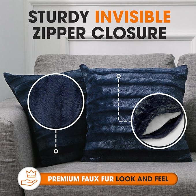 Cheer Collection Faux Fur Throw Pillows - Decorative Pillows for Couch, Bed Throw Pillows, Blue Accent Pillows for Bedroom or Living Room Aesthetic, Set of 2 Furry Throw Pillows, 18”x18”