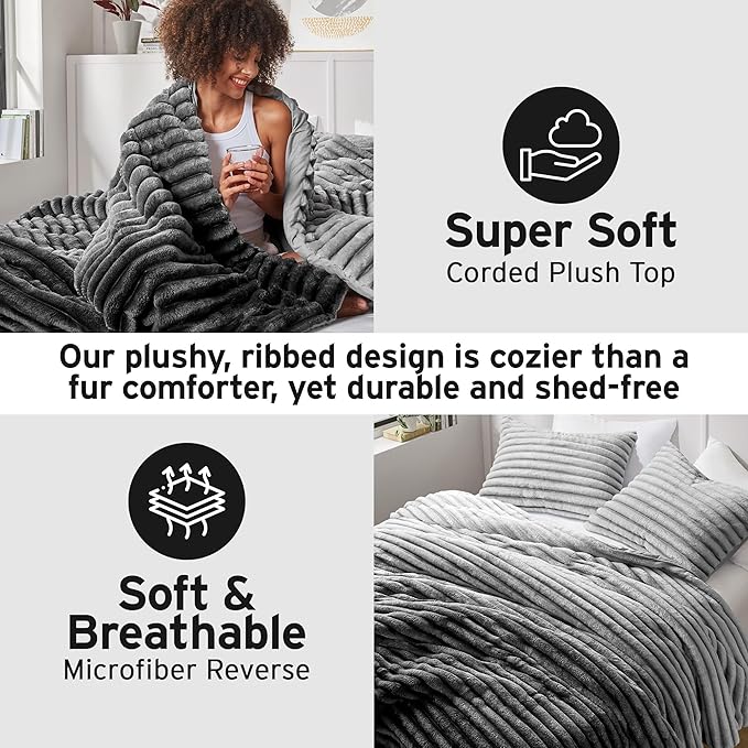 Intelligent Design Twin Comforter Set, Plush Bedding, Microfiber Reverse, 2 Piece, Lightweight, Super Soft Ribbed Velvet Comforter 1 Sham, All Season Fluffy Bed Set, Avril, Twin/Twin XL Grey Ombre