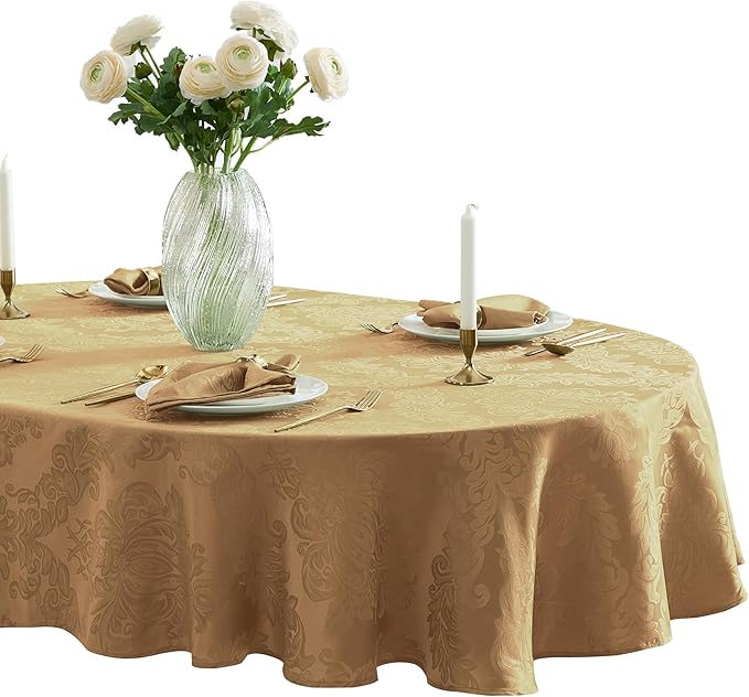Newbridge Barcelona Damask Fabric Tablecloth, 60 x 84 Inch Oval, Gold – No Iron, Soil Resistant Table Cover for Dining, Parties and Holidays