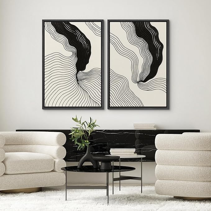 SIGNWIN Framed Canvas Print Wall Art Set Abstract Black Line Flow Minimalist Modern Art Minimal Boho Relax/Calm for Living Room, Bedroom, Office - 24"x36"x2 Black