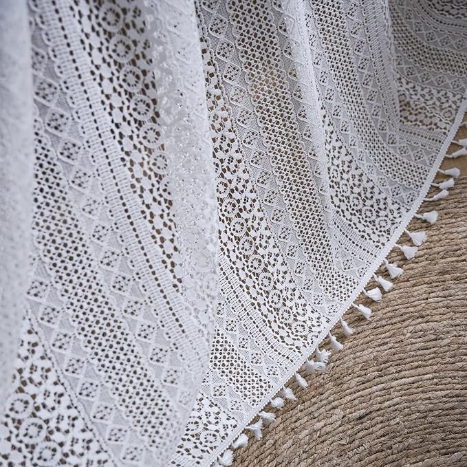 Sutuo Home White Boho Curtains Crochet Lace Semi-Sheer Bohemian Hollow Knitted Handmade Tassels, Rod Pocket Window Treatment Vintage Rustic Farmhouse Drapes for Glass Slide Door, 1 Panel 59" W x 90" L