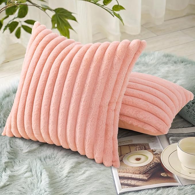 decorUhome Faux Fur Christmas Throw Pillow Covers 16x16 Set of 2, Decorative Soft Plush Striped Neutral Couch Euro Pillow Covers with Velvet Back for Sofa, Bed, Living Room Home Decor, Blush Pink