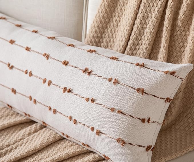 Caflife Boho Lumbar Throw Pillow Covers 14x36 inches Long, Farmhouse Decorative Body Pillow for Bed and Sofa, Living Room Home Decor Couch Brown Pillowcase, Pack of 1