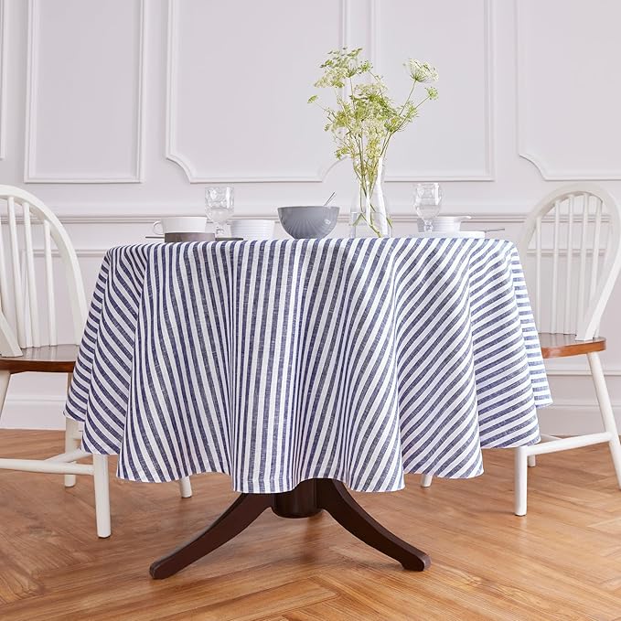 Solino Home Linen 60 Inch Round Tablecloth - Amalfi Stripe, 100% Pure Linen Navy and White Round Tablecloth - Machine Washable Table Cloth for Fall, Autumn, Thanksgiving, Christmas, Winter