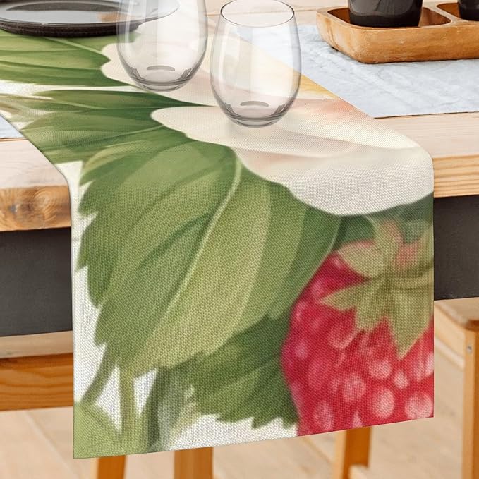 Strawberry Flower Table Runner 13x72 Inches Fruit Faux Linen for Kitchen Dining Table Decor Wedding Birthday Party Holiday Celebration
