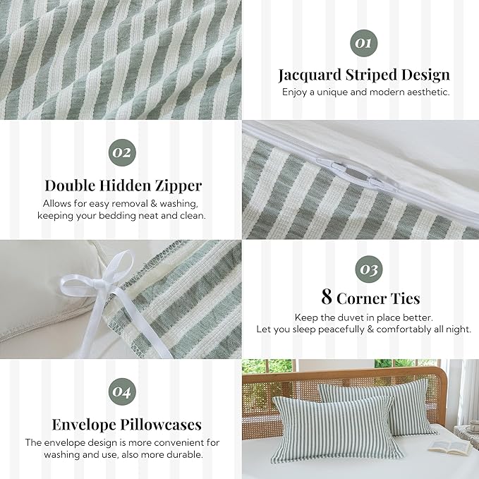 MILDLY Jacquard Stripe Duvet Cover - Sage Green 100% Washed Cotton Boho Textured Comforter Cover 3pcs with Zipper Closure 104"x90"