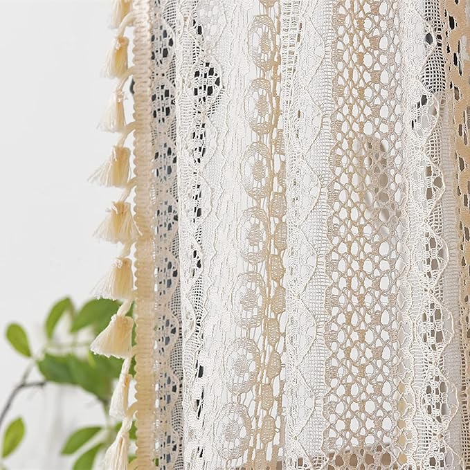 Sutuo Home Beige Boho Lace Short Curtain 36 inch Length for Kitchen Window Curtains Over Sink,Farmhouse Crochet Bohemian Valance Semi Sheer Vintage Chic Handmade Tassels, Rod Pocket,1 Panel 59" W