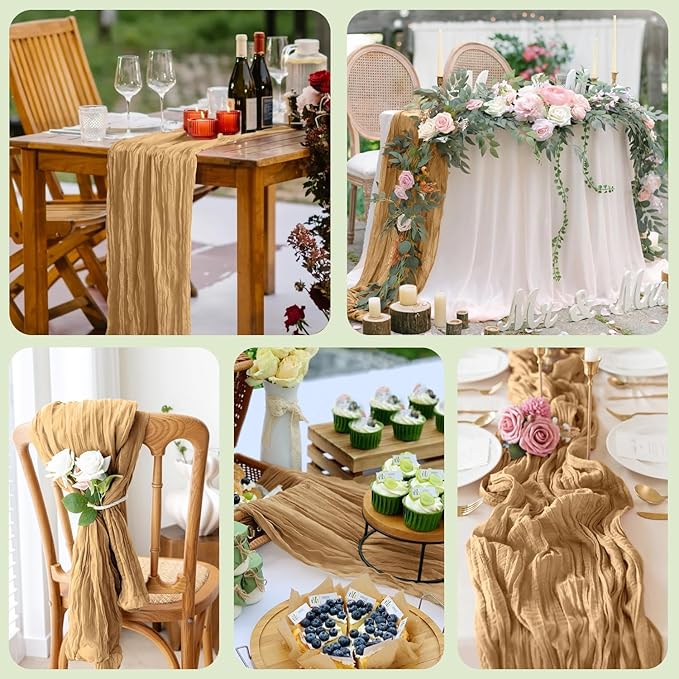 Wokceer Cheesecloth Table Runner 12Pack 10FT Khaki Boho Gauze Cheese Cloth Table Runner for Party Long Rustic Sheer Table Runners for Baby Bridal Shower Wedding Easter Table Decor