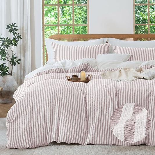 MILDLY Jacquard Stripe Duvet Cover - 100% Washed Cotton Pale Pink Boho Textured Comforter Cover 3pcs with Zipper Closure 80"x90"