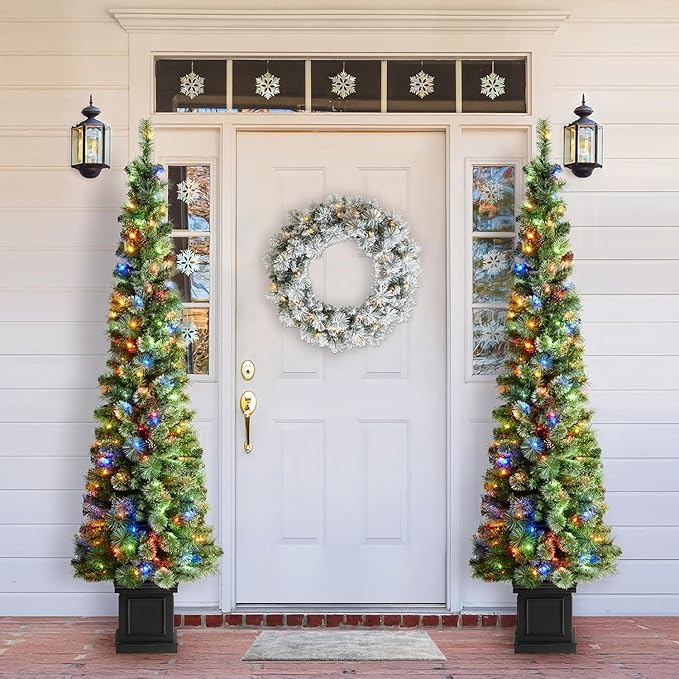 Glitzhome 7 FT Pre-Lit Artificial Christmas Tree, Lighted Entrance Tree Green Pine Christmas Porch Tree with 200 Warm White Lights,9 Functional Warm White/Multi-Color, Remote Controller