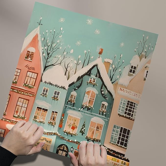OZCONO Retro Winter Town Art, Pastel Christmas Village Decor, Xmas Print, Cozy Holiday Home Accent, Seasonal Wall Artwork for Festive Interior Style (Unframed) (12x18)