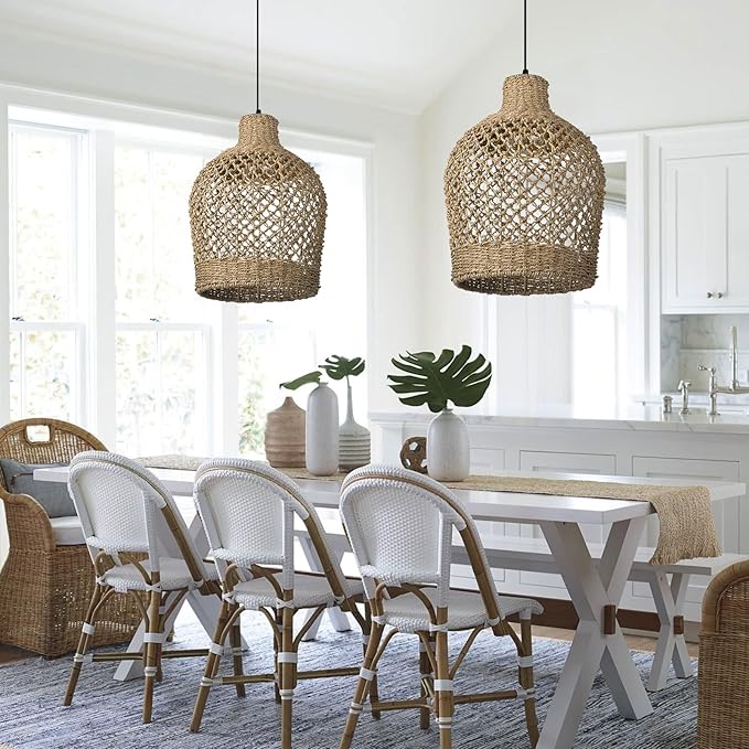 Arturesthome Rattan Pendant Light Woven Chandelier Handwoven Boho Coastal Pendant Lighting Rattan Basket Ceiling Hanging Light for Dining Room Living Room D 11.8″* 15.7″