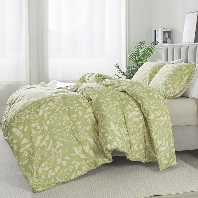 HoneiLife Wildflower Duvet Cover Queen - 100% Cotton Comforter Cover Sets, 3-PC Comfortable Floral Duvet Cover Sets, Soft & Breathable Duvet Cover with Zipper Closure & Corner Ties, Vibrant Green