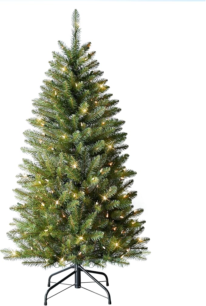Puleo International 4.5ft Pre-Lit Slim Fraser Fir Christmas Tree with 401 Clear Lights, 150 Realistic Dense Branch Tips, Easy Setup Artificial Trees with Sturdy Metal Stand