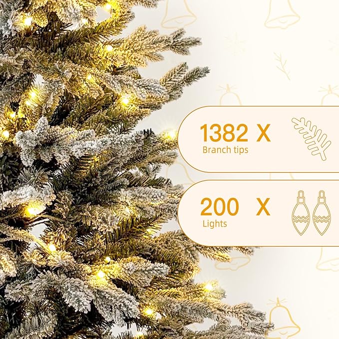 6ft Snow Flocked Prelit Christmas Tree Decorations with 200 Dual-Color LED Lights, Lighted Artificial White Xmas Tree for Indoor Decor,Mantel & Entryway with 1382 Tips, Metal Stand,Plug-in