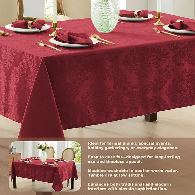 Newbridge Barcelona Damask Fabric Tablecloth, 60 x 120 Inch Rectangle, Burgundy – No Iron, Soil Resistant Table Cover for Dining, Parties and Holidays