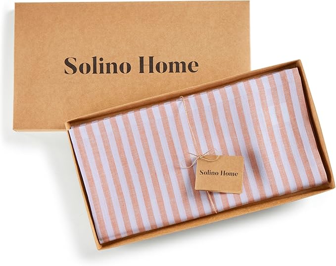 Solino Home Linen Tablecloth 52 x 52 Inch - Amalfi Stripe, 100% Pure Linen Coral and White Square Tablecloth - Machine Washable Table Throw
