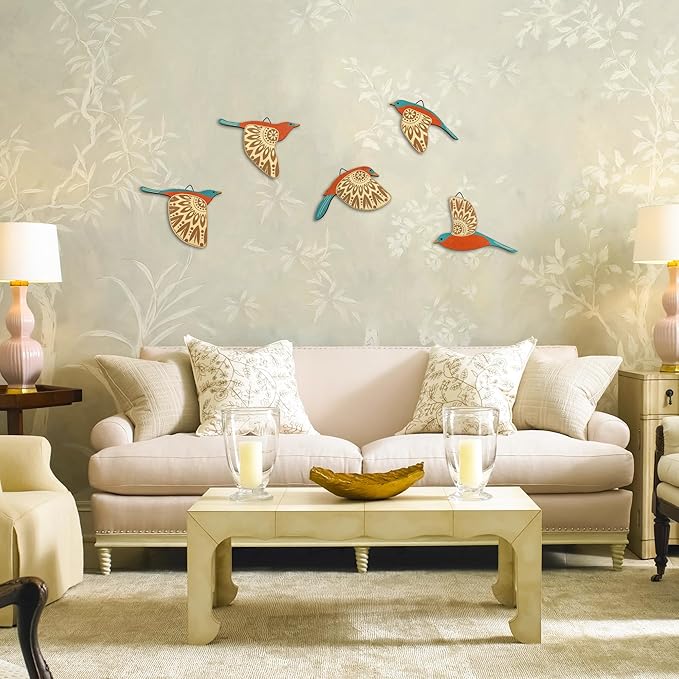 Vumyhuby 5 Pcs Teal Wooden Bird Wall Art | Rustic Folk Art Wall Decor for Indoor Use | Handcrafted Wood Flying Birds Wall Hangings for Living Room, Bedroom, Kitchen, Office | Scandinavian Home Decor Gift