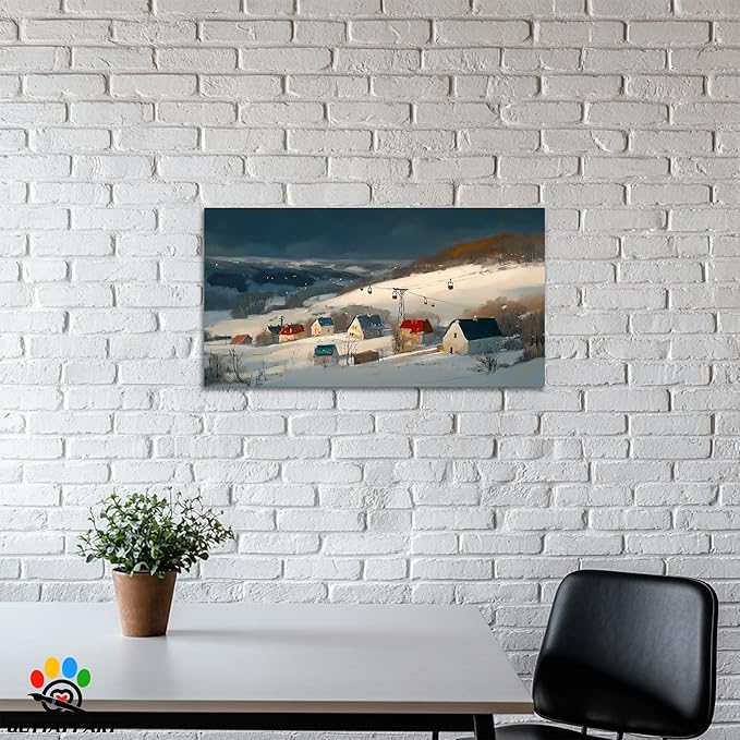GUTTATY Christmas Winter Scene Canvas Wall Art, Snowy Village Pictures, Cable Car Canvas Prints, Nordic Landscape Painting, Cozy Holiday Wall Decor Poster for Living Room, Bedroom, Office, 48x24 Inch