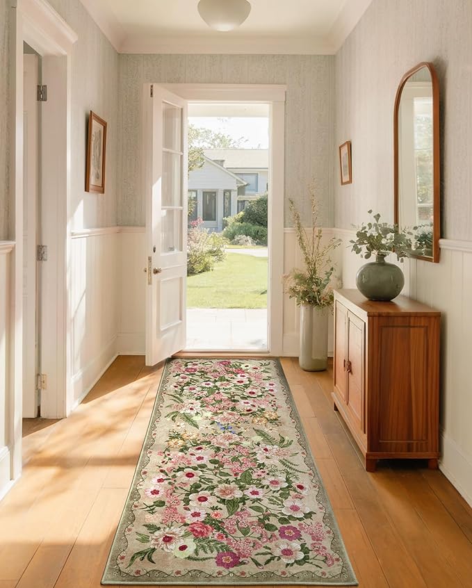 Floral Runner Rug 2x6 - Washable Vintage Kitchen Rug Low Pile Non-Slip Carpet for Entryway Hallway, Laundry, Bedroom - Soft, Stain Resistant Indoor Area Rug - Brown