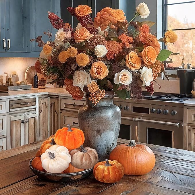 4pcs Velvet Fake Pumpkins Fall Harvest Fabric Foam Pumpkin Thanksgiving Halloween Decor for Table Centerpiece Wedding Farmhouse (4, Orange Gold Coffee Beige, S)