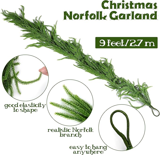 Fovths 1 Pack 9 Feet Christmas Norfolk Garlands Set Green Artificial Winter Pine Garlands Light String Faux Greenery Garland Pine Garland for Xmas Holiday Home Indoor Decor, Green