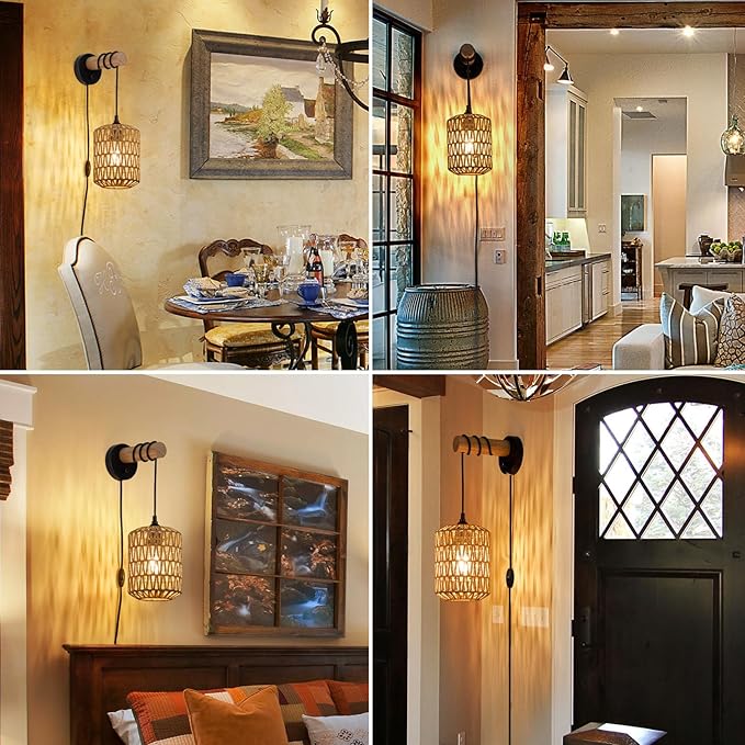 Rattan Plug in Wall Sconce Bedroom Sconces Set of 2 Boho Dimmable Wall Lamp with Plug in Cord Hanging Wall Lights for Living Room