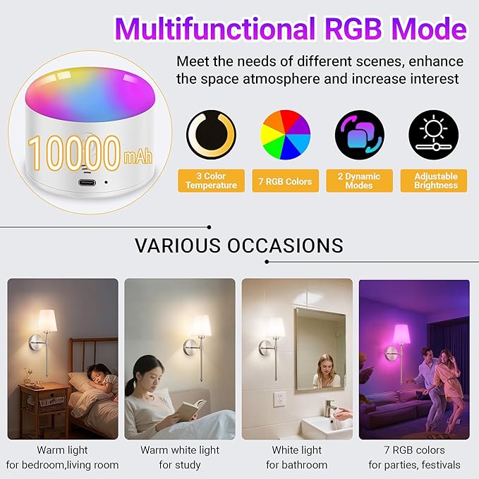 Battery Operated Wall Sconce Set of 2, Rechargeable Wall Sconce with 10000mAh Bulb and Remote Control, Up to 50 Hrs Use, RGB Dimmable Wireless Wall Lights for Living Room Bedroom Hallway