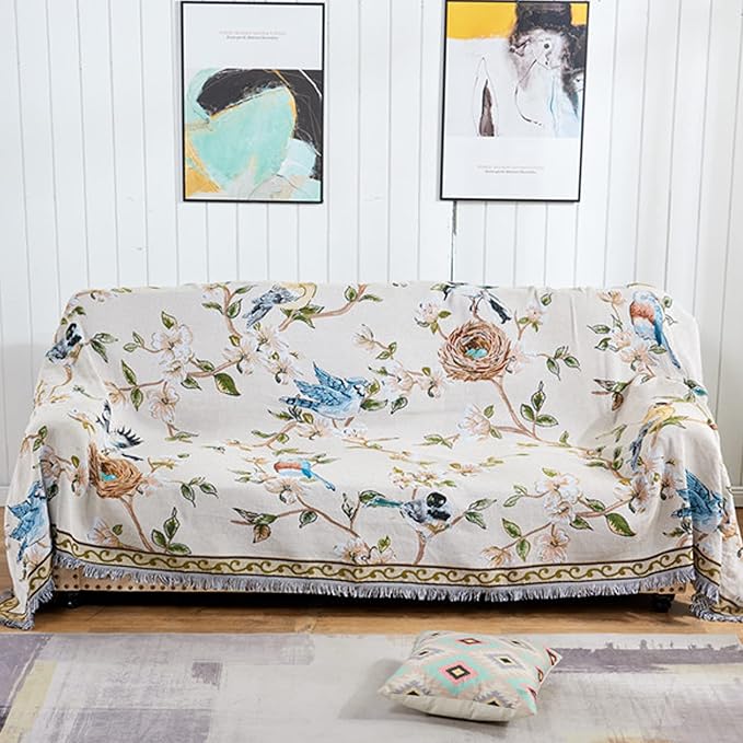 Boho Throw Blankets Reversible Woven Blankets Cover Hippie for Couch Bed Recliner Sofa Bohemian Tapestry Colorful Furniture Protector Cover for Home Décor, American Flower Birds, Double Side, 50"x70"