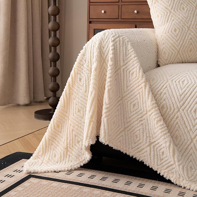ROOMLIFE Striped Boho White Couch Cover for 2-3 Cushion Sofa, Fuzzy Plush Warm Sofa Slipcovers Sectional Sofas Covers, Non Slip Washable Furniture Protector Soft with Tassel,Winter 71''X150”
