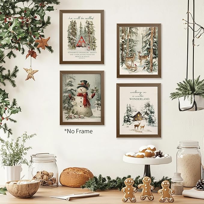 AEHIE Vintage Winter Holidays Snowman Wall Art Poster Prints for Home,Rustic Reindeer pine tree Decor, Snow Forest Frost Pictures Xmas Tree Deer Mountain House Photo Wall Art Unframed 4pcs 8x10inch