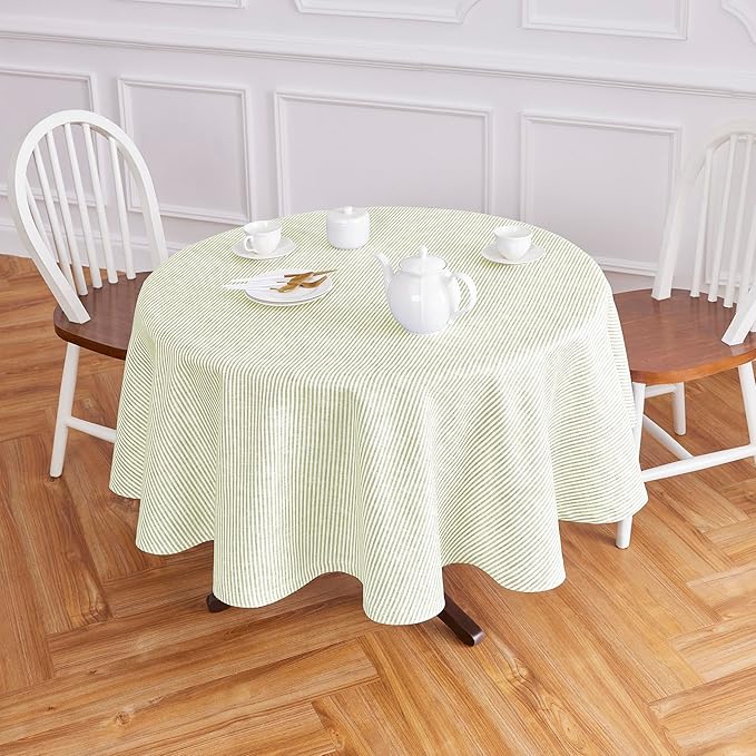 Solino Home Linen 60 Inch Round Tablecloth - Narrow Stripe, 100% Pure Linen Sage and White Round Tablecloth - Machine Washable Table Cloth for Fall, Autumn, Thanksgiving, Christmas, Winter